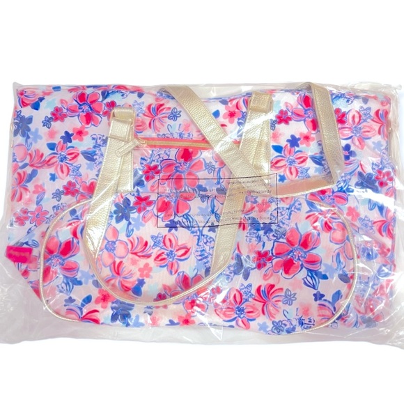 LILLY PULITZER Insulated Beach Bag Resort White Party Like Lobstar Gold Leather - Picture 4 of 7